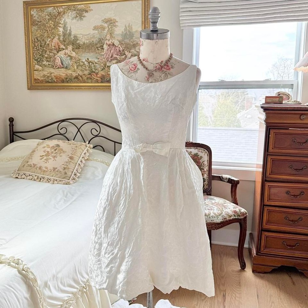 50s flower girl dress 50s white jacquard dress girls size 10 12